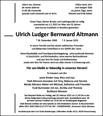 Traueranzeige von Ulrich Ludger Bernward Altmann von Braunschweiger Zeitung