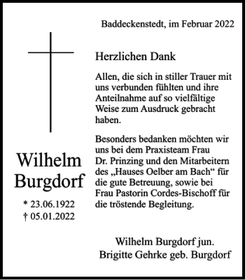 Traueranzeige von Wilhelm Burgdorf von Salzgitter Zeitung