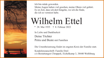 Traueranzeige von Wilhelm Ettel von Wolfsburger Nachrichten