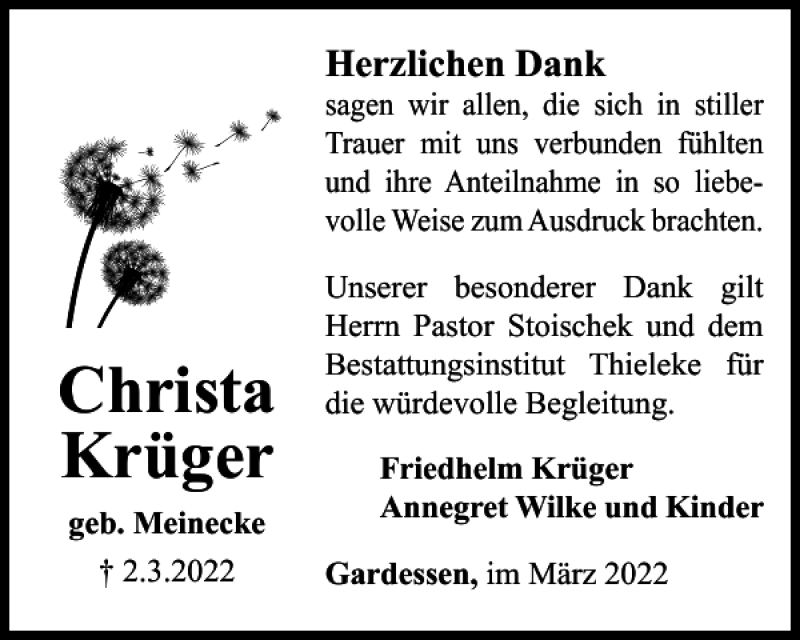 Traueranzeigen Von Christa Krüger Trauer38de 