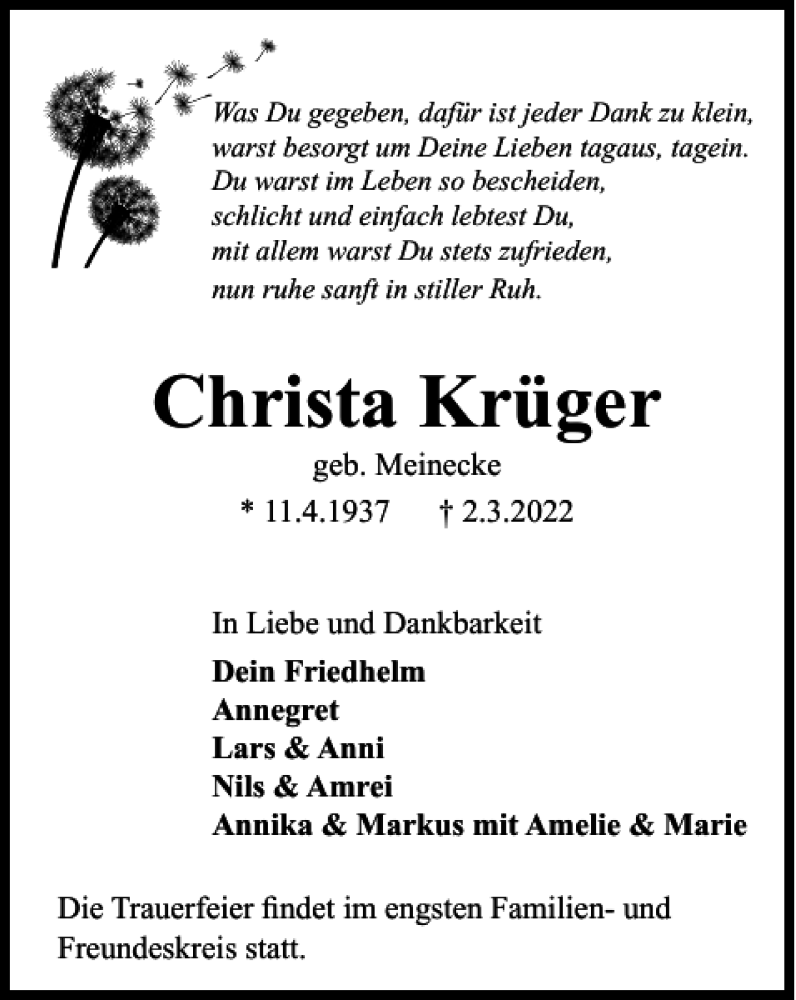 Traueranzeigen Von Christa Krüger Trauer38de 