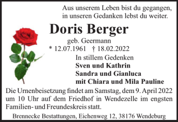 Traueranzeige von Doris Berger von Peiner Nachrichten