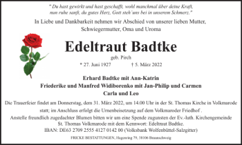 Traueranzeige von Edeltraut Badtke von Braunschweiger Zeitung