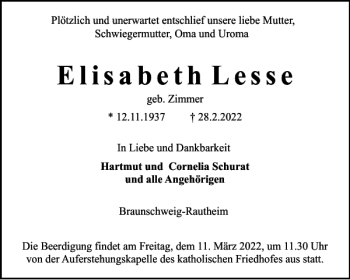 Traueranzeige von Elisabeth Lesse von Braunschweiger Zeitung