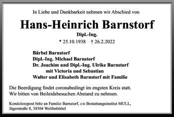 Traueranzeige von Hans-Heinrich Barnstorf von Wolfenbütteler Zeitung