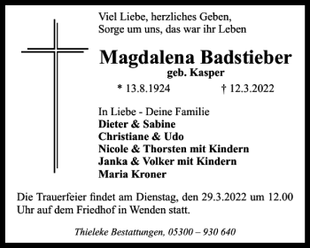 Traueranzeige von Magdalena Badstieber von Braunschweiger Zeitung