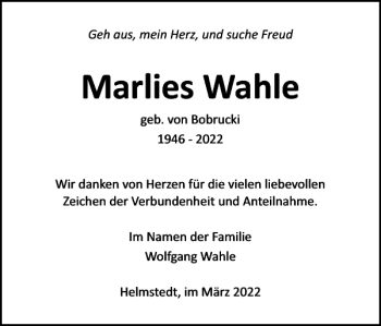 Traueranzeige von Marlies Wahle von Helmstedter Nachrichten