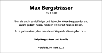 Traueranzeige von Max Bergsträsser von Wolfsburger Nachrichten