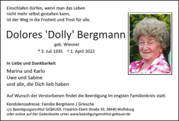 Traueranzeige von Dolores 'Dolly' Bergmann von Wolfsburger Nachrichten