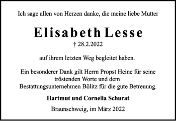 Traueranzeige von Elisabeth Lesse von Braunschweiger Zeitung