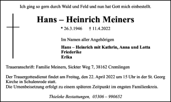 Traueranzeige von Hans Heinrich Meiners von Braunschweiger Zeitung