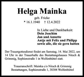 Traueranzeige von Helga Mainka von Wolfenbütteler Zeitung