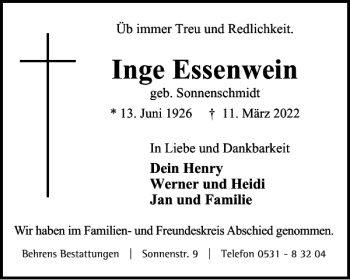 Traueranzeige von Inge Essenwein von Braunschweiger Zeitung