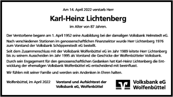 Traueranzeige von Karl-Heinz Lichtenberg von Wolfenbütteler Zeitung