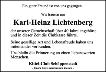 Traueranzeige von Karl-Heinz Lichtenberg von Wolfenbütteler Zeitung