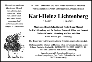 Traueranzeige von Karl-Heinz Lichtenberg von Wolfenbütteler Zeitung