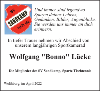 Traueranzeige von Wolfgang Bonno Lücke von Wolfsburger Nachrichten