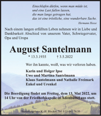 Traueranzeige von August Santelmann von Wolfsburger Nachrichten