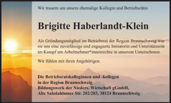 Traueranzeige von Brigitte Haberlandt-Klein von Helmstedter Nachrichten