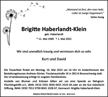 Traueranzeige von Brigitte Haberlandt-Klein von Braunschweiger Zeitung