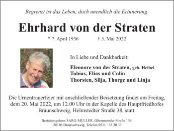 Traueranzeige von Ehrhard von der Straten von Braunschweiger Zeitung