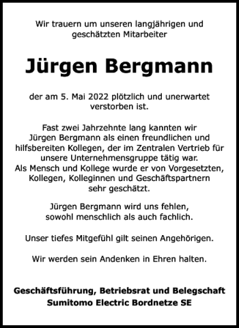 Traueranzeige von Jürgen Bergmann von Wolfsburger Nachrichten