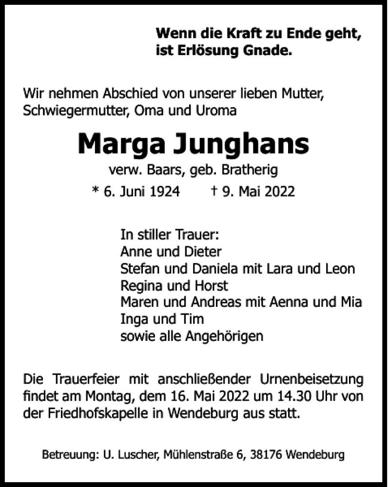 Traueranzeigen von Marga Junghans trauer38.de