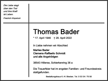 Traueranzeige von Thomas Bader von Braunschweiger Zeitung