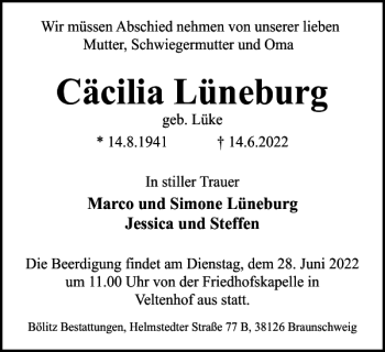 Traueranzeige von Cäcilia Lüneburg von Braunschweiger Zeitung