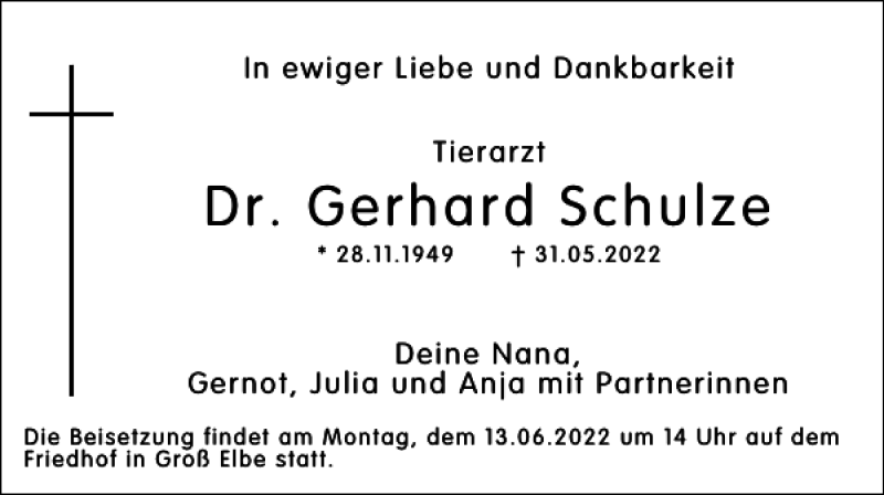  Traueranzeige für Dr. Gerhard Schulze vom 08.06.2022 aus Salzgitter Zeitung