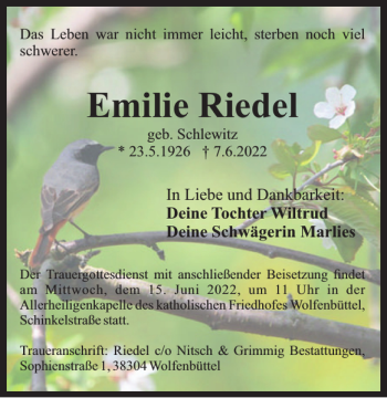 Traueranzeige von Emilie Riedel von Wolfenbütteler Zeitung