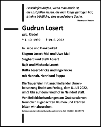 Traueranzeige von Gudrun Losert von Wolfsburger Nachrichten