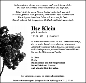 Traueranzeige von Ilse Klein von Salzgitter Zeitung