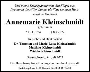 Traueranzeige von Annemarie Kleinschmidt von Braunschweiger Zeitung