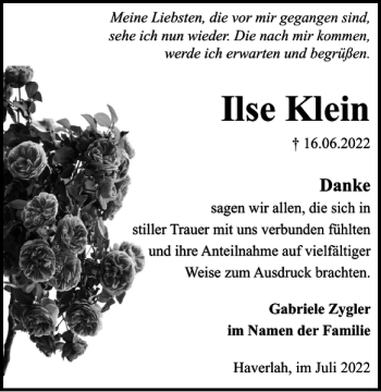 Traueranzeige von Ilse Klein von Salzgitter Zeitung