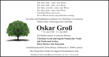 Traueranzeige von Oskar Groß von Braunschweiger Zeitung