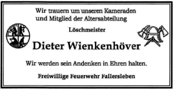 Traueranzeige von Dieter Wienkenhöver von Wolfsburger Nachrichten