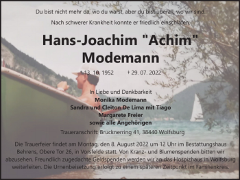 Traueranzeige von Hans-Joachim Achim Modemann von Wolfsburger Nachrichten