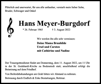 Traueranzeige von Hans Meyer-Burgdorf von Peiner Nachrichten