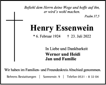 Traueranzeige von Henry Essenwein von Braunschweiger Zeitung