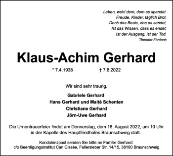 Traueranzeige von Klaus-Achim Gerhard von Braunschweiger Zeitung