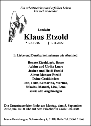 Traueranzeige von Klaus Etzold von Salzgitter Zeitung