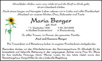 Traueranzeige von Maria Berger von Braunschweiger Zeitung