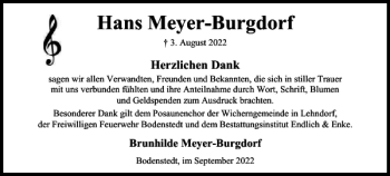 Traueranzeige von Hans Meyer-Burgdorf von Peiner Nachrichten