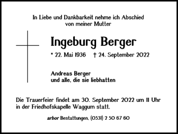 Traueranzeige von Ingeburg Berger von Braunschweiger Zeitung