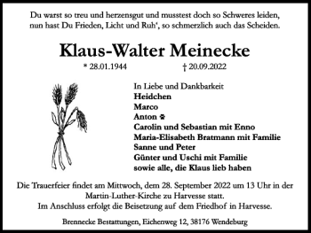 Traueranzeige von Klaus-Walter Meinecke von Peiner Nachrichten