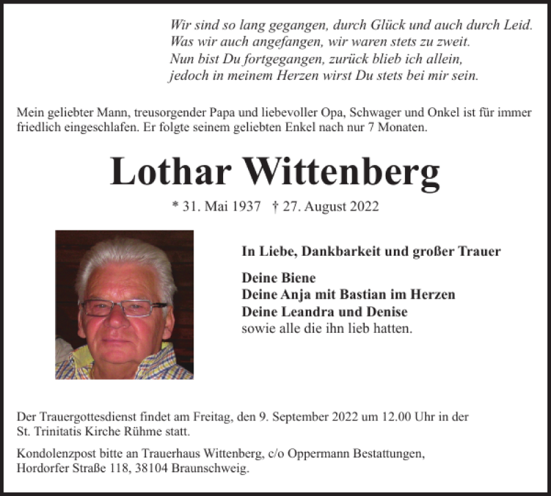  Traueranzeige für Lothar Wittenberg vom 03.09.2022 aus Braunschweiger Zeitung