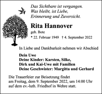 Traueranzeige von Rita Hannover von Wolfenbütteler Zeitung