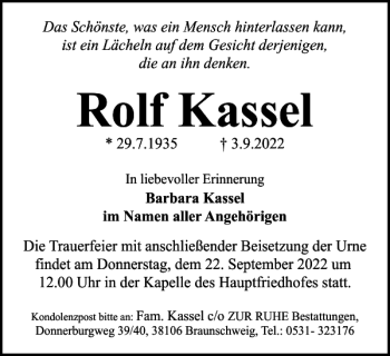 Traueranzeige von Rolf Kassel von Braunschweiger Zeitung