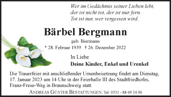 Traueranzeige von Bärbel Bergmann von Braunschweiger Zeitung